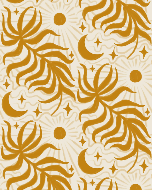 Lunar Leaf Wallpaper beige and mustard with moons, stars and sunburst motifs on Tampa Home & Garden Store