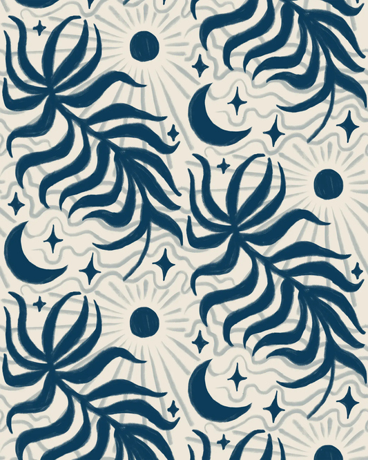 Wallpaper Lunar Leaf beige and navy with swirling leaves and suns on Tampa Home & Garden Store