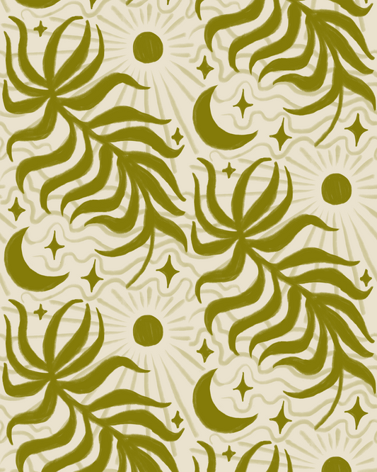 Lunar Leaf Wallpaper beige olive green celestial leaf pattern by Samantha Santana Creative on Tampa Home & Garden Store