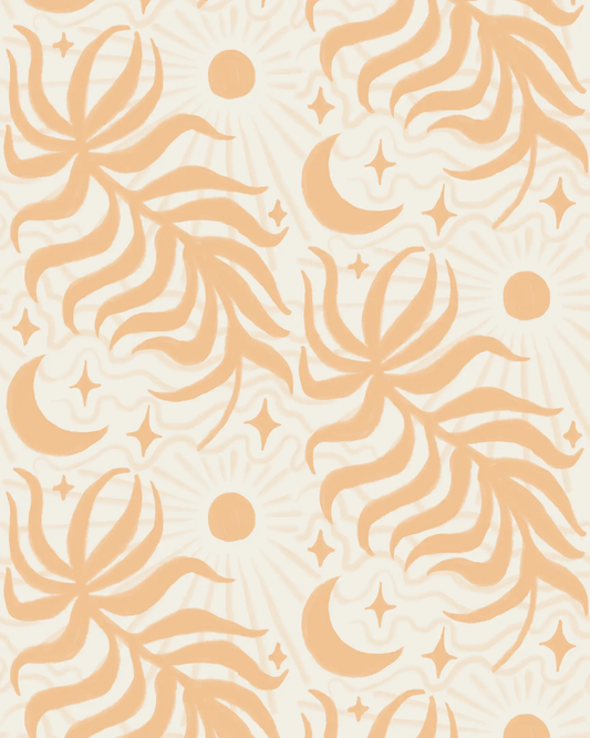 Lunar Leaf Wallpaper beige and peach celestial leaf motif by Samantha Santana Creative on Tampa Home & Garden Store