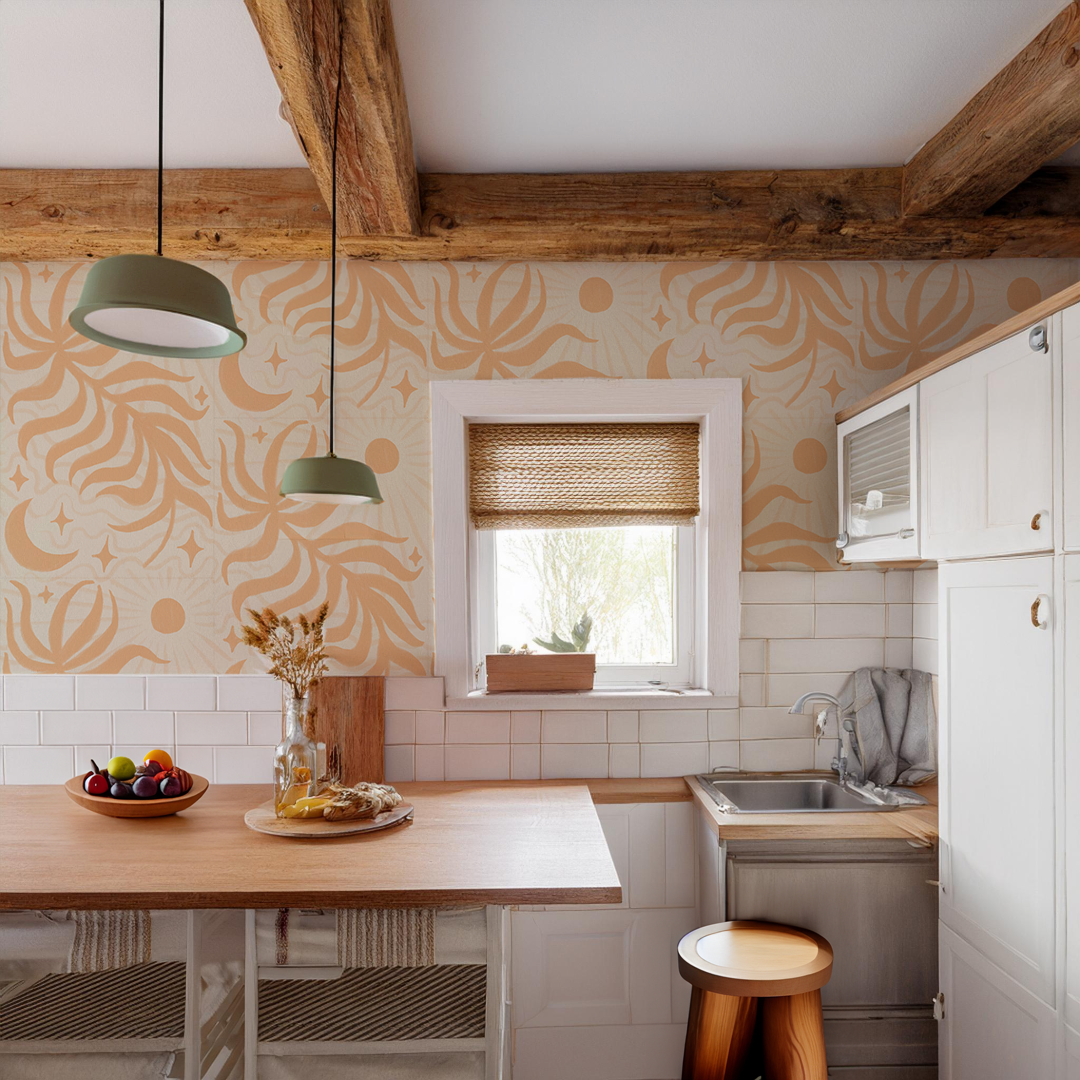 Lunar Leaf Wallpaper, beige and peach - Tampa Home & Garden Store