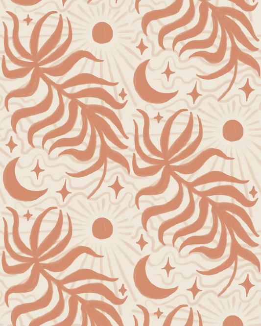 Lunar Leaf wallpaper in terra cotta and beige by Samantha Santana Creative on Tampa Home & Garden Store