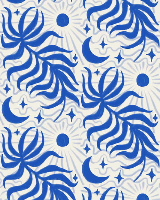 Lunar Leaf Wallpaper beige and blue celestial leaf pattern with sun and moon motifs on Tampa Home & Garden Store