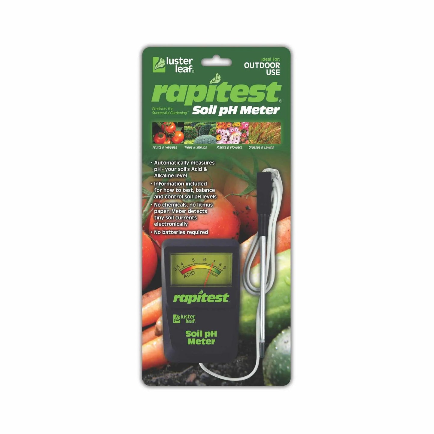 Rapitest soil pH meter kit in green Luster Leaf packaging with dial meter and probe on Tampa Home & Garden Store