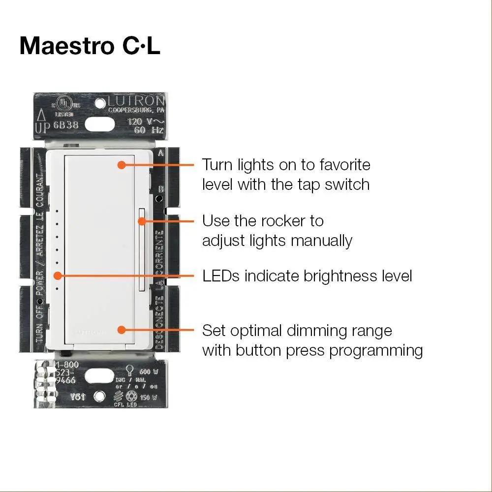 Lutron Maestro C.L Dimmer Switch MACL-153M-WH, White - Tampa Home & Garden Store