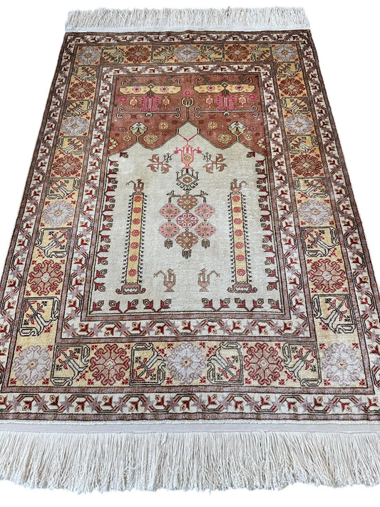 Silk Kayseri Rug Hand Knotted with floral geometric motifs, ivory field and red border, 2’2” x 3’ on Tampa Home & Garden Store