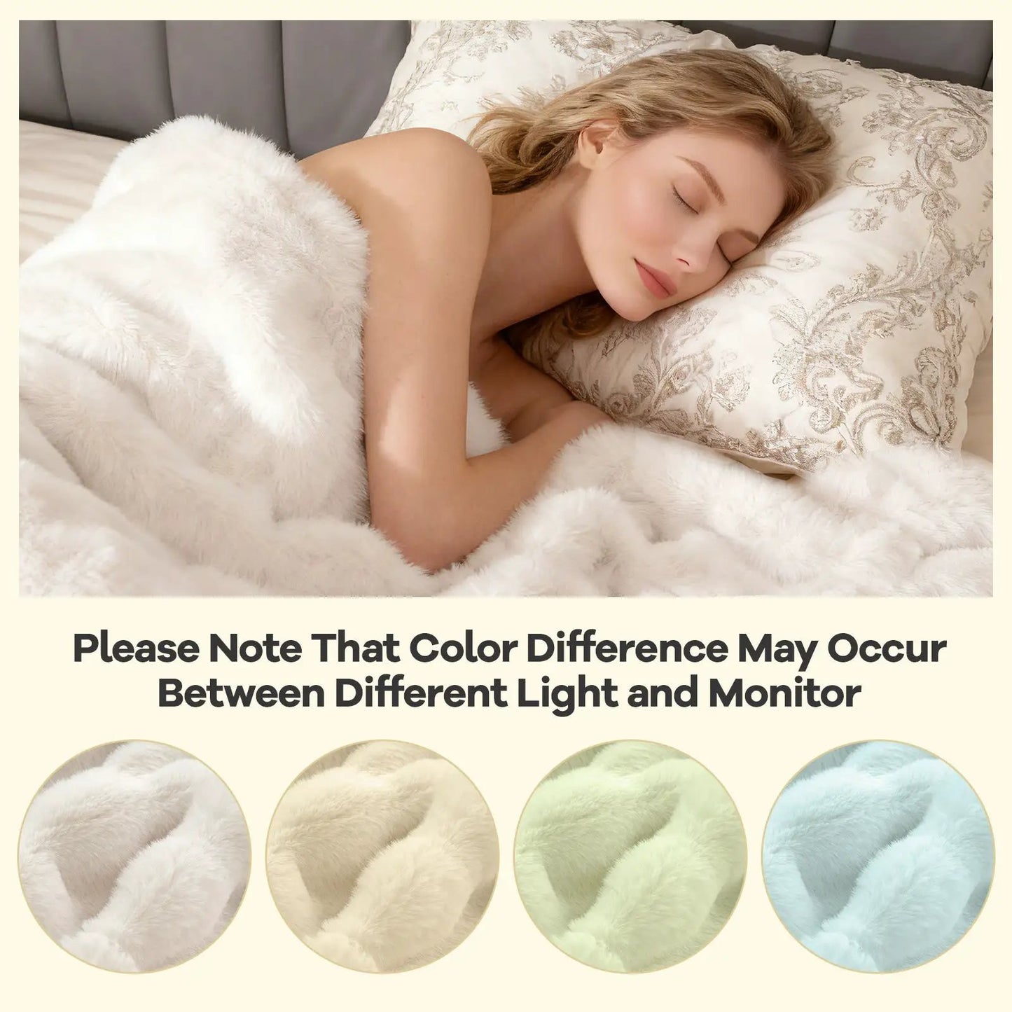 Luxurious Fuzzy Rabbit Fur Bubble Blanket in white, draped over a sleeping woman on a bed on Tampa Home & Garden Store