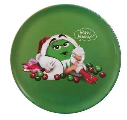 M&M Melamine Holiday Serving Tray green circular design with M&M character in Santa hat on Tampa Home & Garden Store