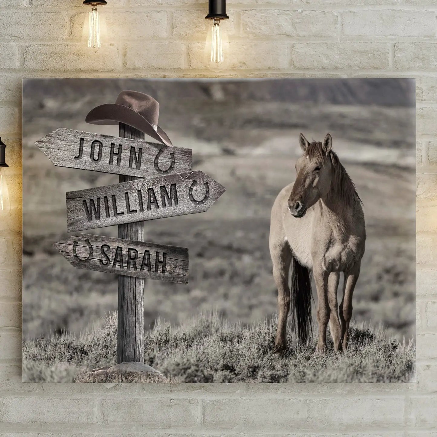 Snow Horses Vintage Name Sign canvas by Tailored Canvases, sepia-toned horse beside rustic signs on Tampa Home & Garden Store