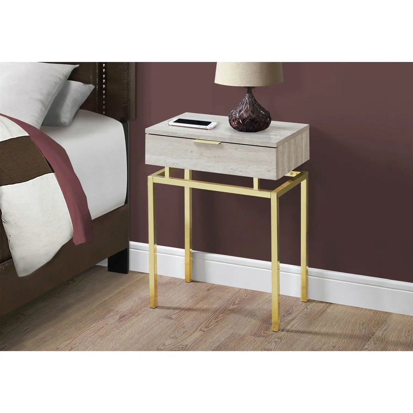 24in Modern End Table 1 Drawer Nightstand Beige Marble Gold Legs - Tampa Home & Garden Store
