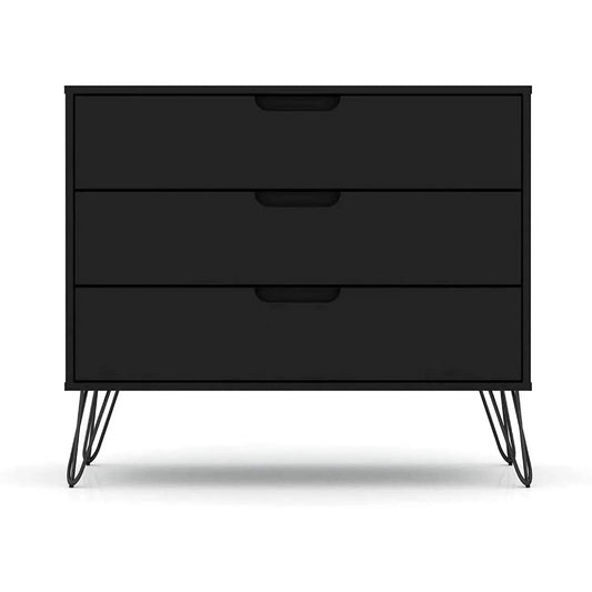 Scandinavian 3-drawer dresser in black wood finish with hairpin metal legs on Tampa Home & Garden Store