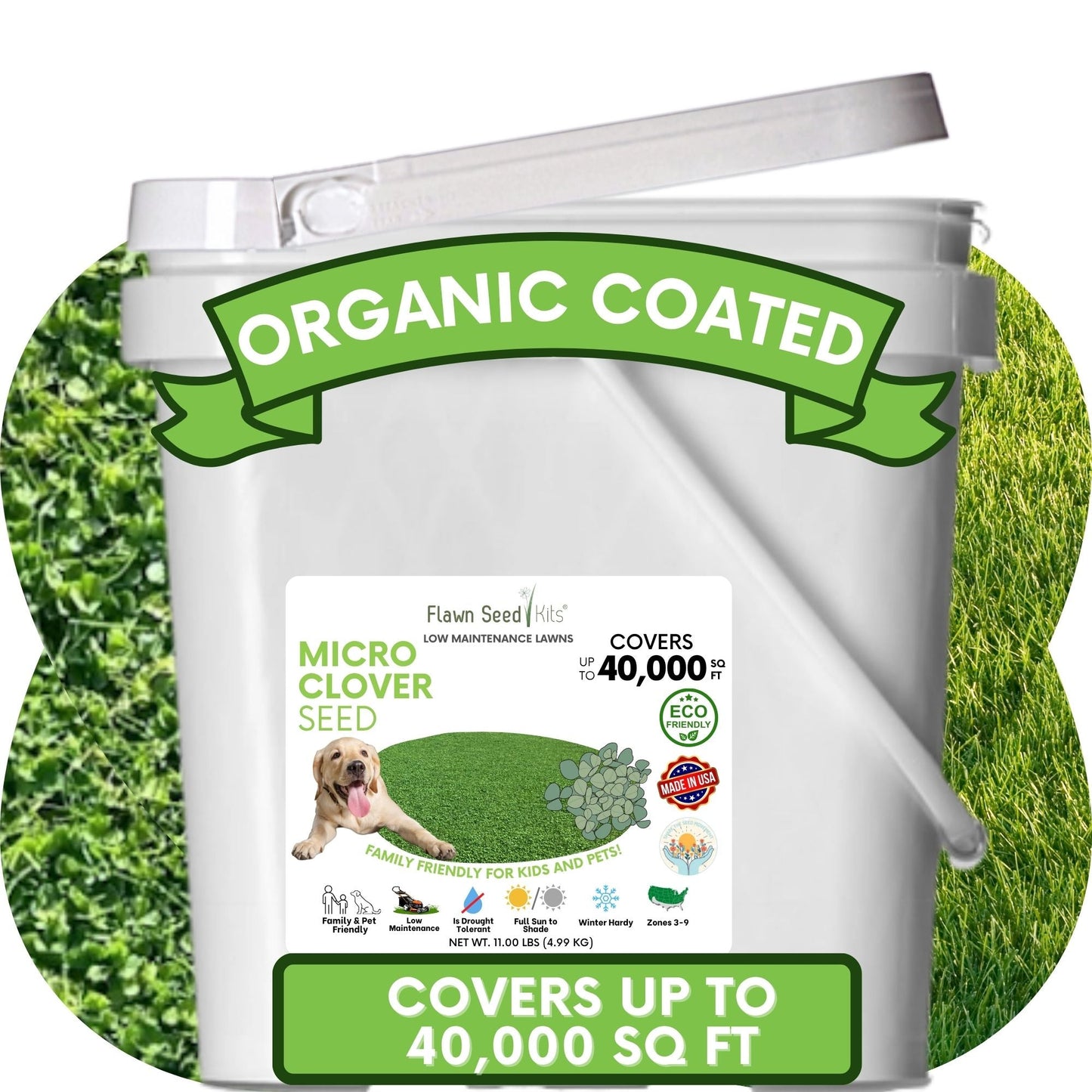 Micro Clover Seed by Flawn Seed Kits, organic coated lawn seed packet, covers up to 40,000 sq ft on Tampa Home & Garden Store