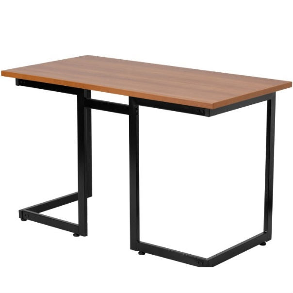 Escritorio moderno para computadora con estructura de metal negro y superficie con acabado de madera de cerezo