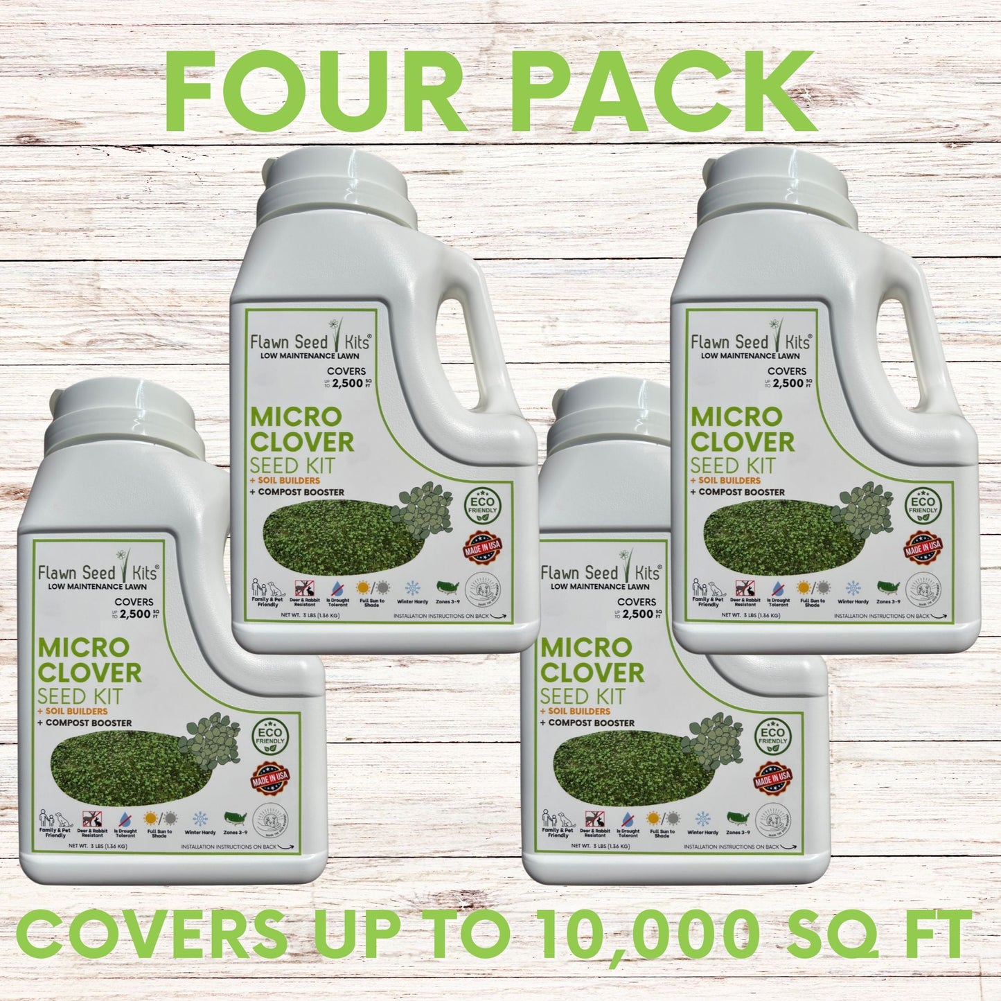 Micro Clover Easy Spread Shaker four-pack by Flawn Seed Kits, seed kit bottles covers 10k sq ft on Tampa Home & Garden Store