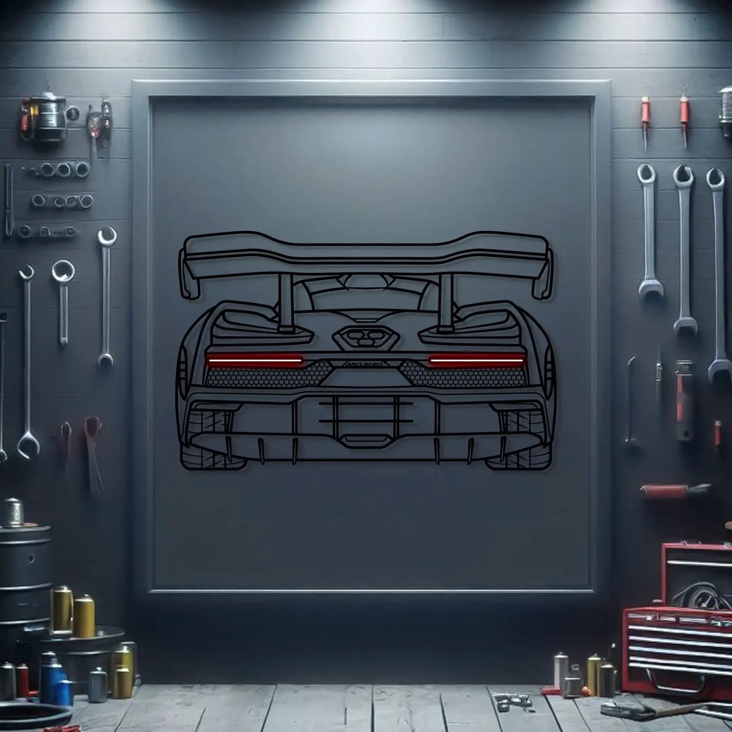 Senna Back View Metal Neon Car Wall Art by Modello Turbo artwork with red taillights on Tampa Home & Garden Store