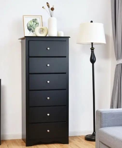 Modern Black 6-Drawer Tall Wood Dresser Chest with silver knobs on Tampa Home & Garden Store