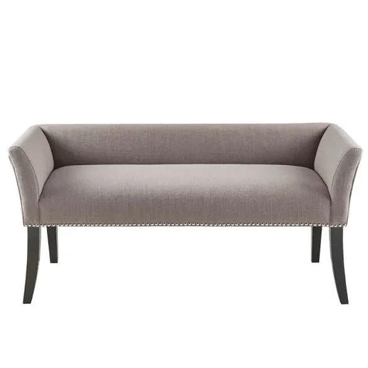 Modern Mid-Century Grey Upholstered Accent Bench grey fabric, nailhead trim, curved legs on Tampa Home & Garden Store