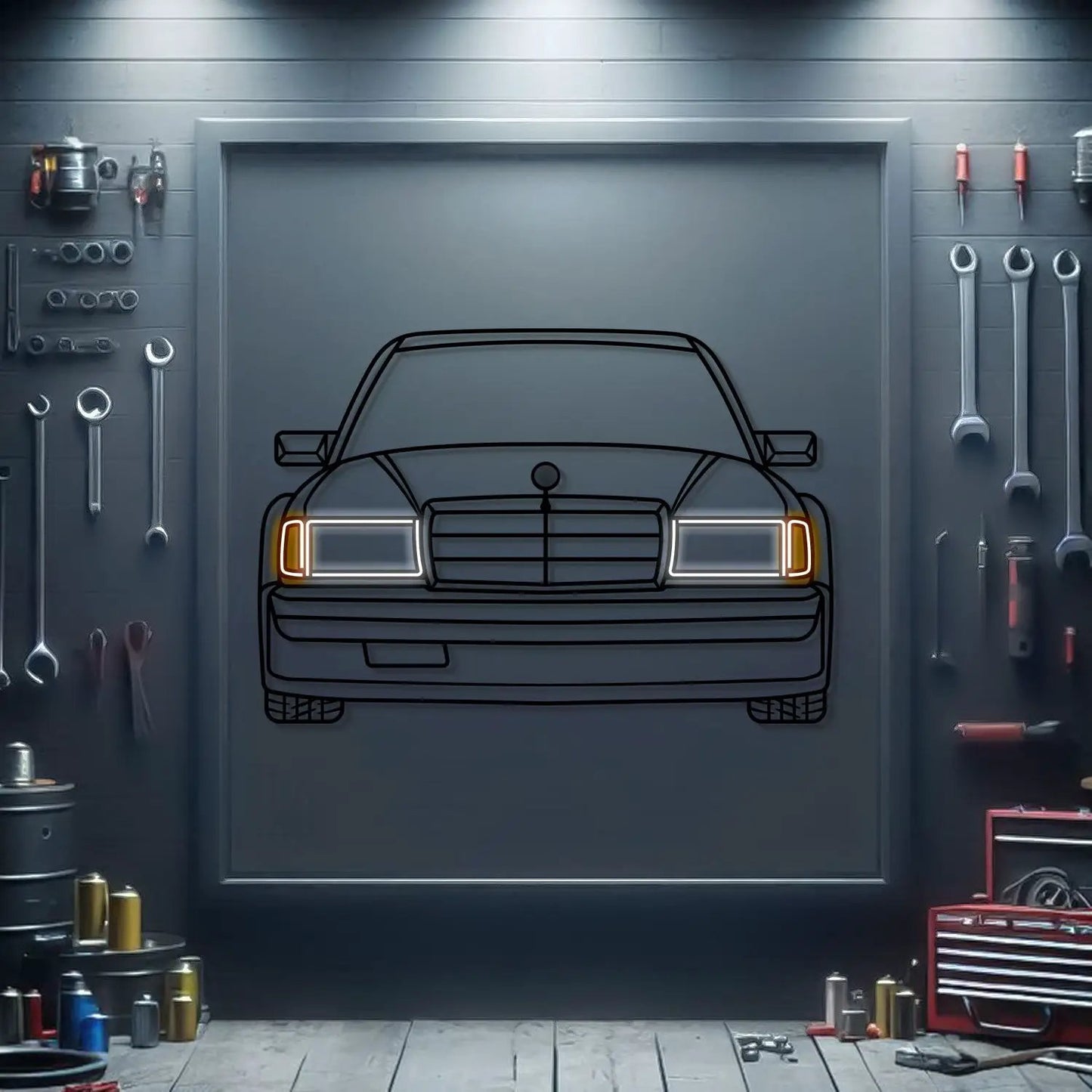 190E W201 front-view metal neon car wall art with white headlights by Modello Turbo on Tampa Home & Garden Store