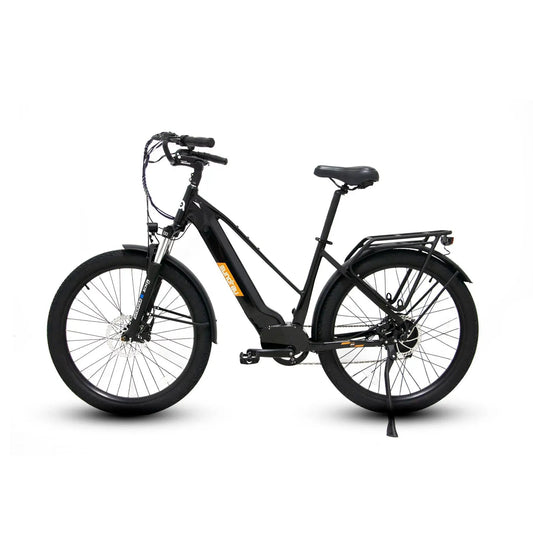 META275 27.5 City E-Bike black frame with front suspension and rear rack on Tampa Home & Garden Store