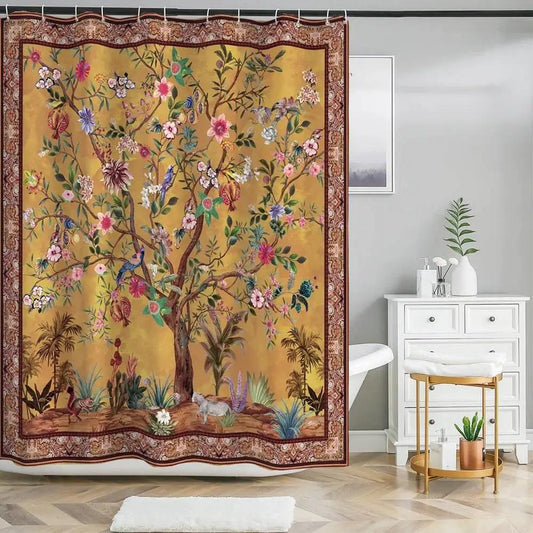 Shower curtain 72 Inch Brown Floral Tree Birds with gold background and ornate border on Tampa Home & Garden Store