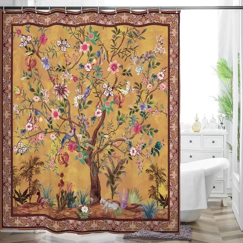72-inch Brown Red Orange Green Floral Tree Birds Plants Flowers Shower Curtain - Tampa Home & Garden Store