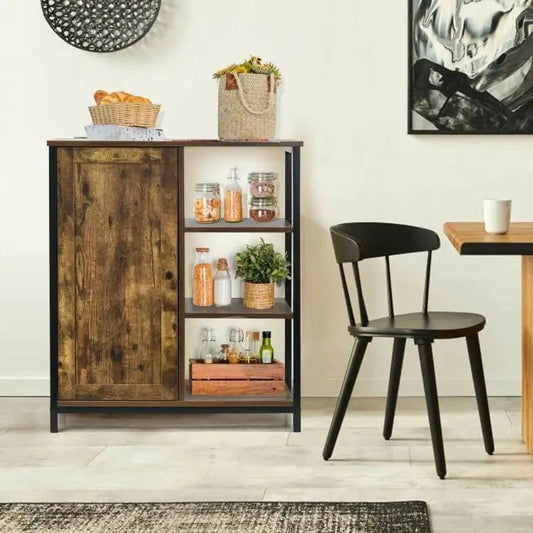 Industrial Modern Sideboard Black Metal Wood with black frame and brown cabinet shelves on Tampa Home & Garden Store