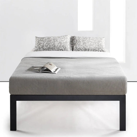 Full size 18 inch metal platform bed frame with slats, gray bedding and gray damask pillows on Tampa Home & Garden Store