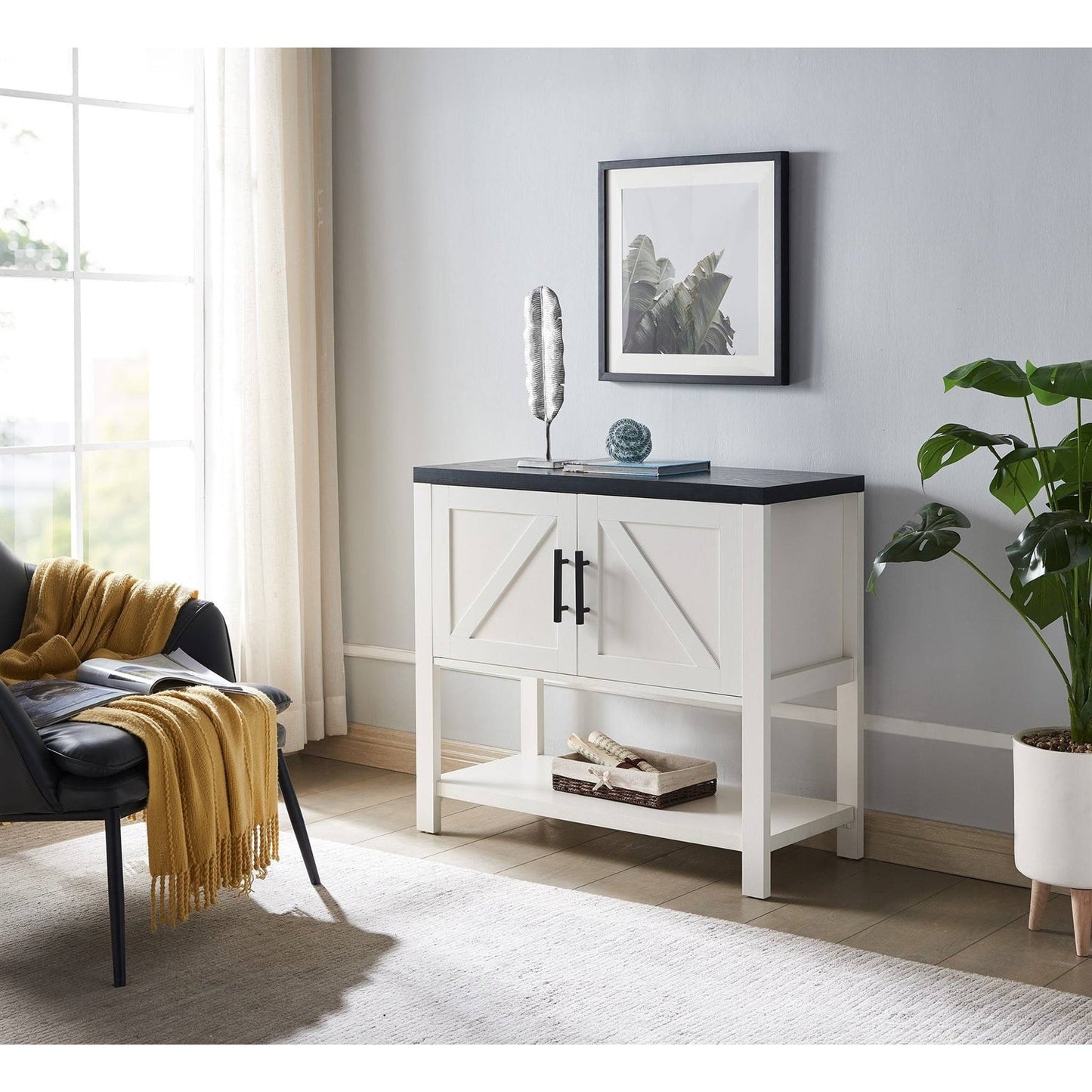 Mesa consola de almacenamiento de madera moderna de 2 cajones Blanca/Negra