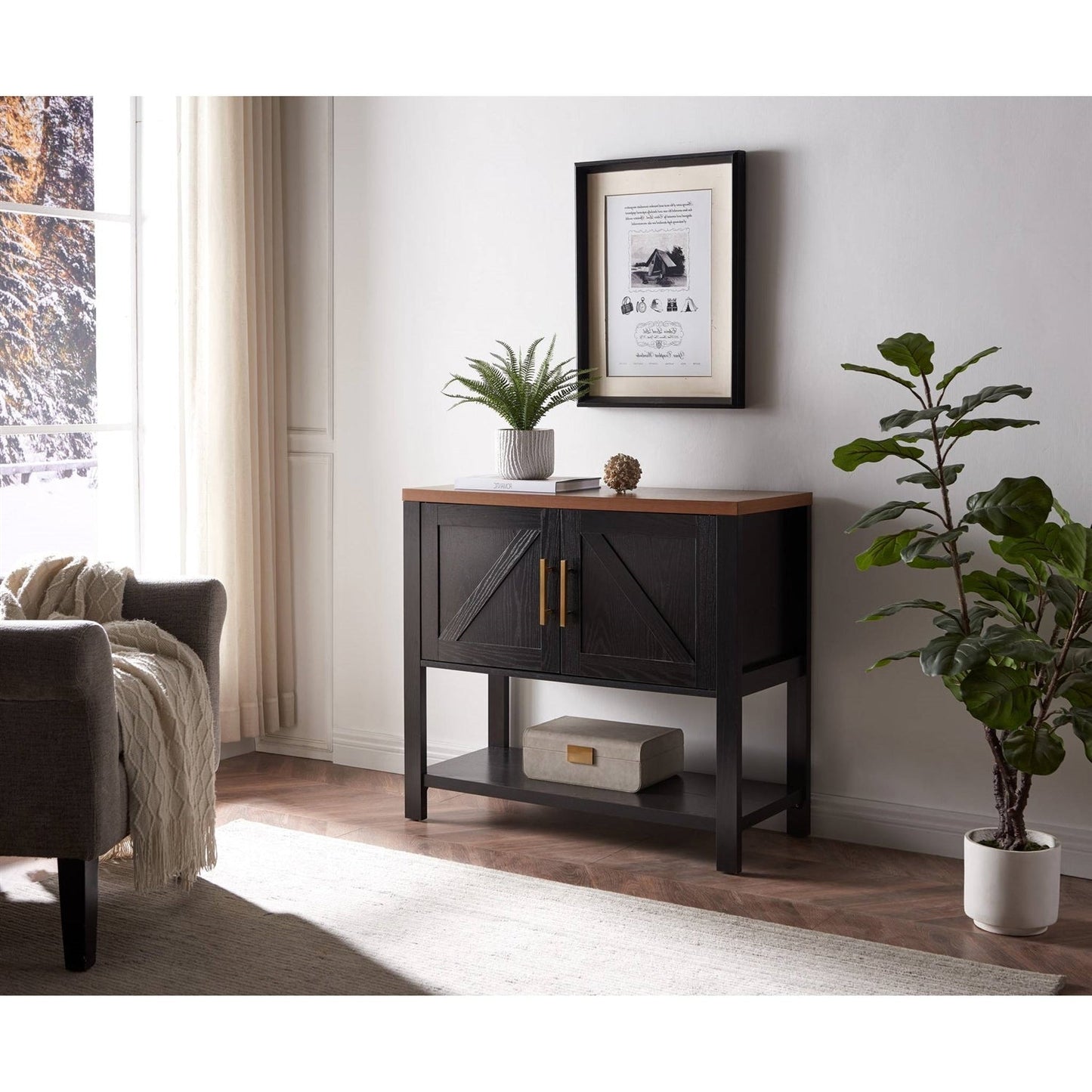 Mesa consola moderna de madera con 2 cajones (negro/nogal)