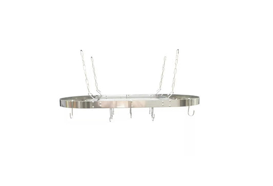 Oval ceiling-mounted stainless steel pot rack with chains and multiple hooks by HomePacific on Tampa Home & Garden Store