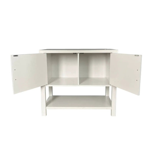 Modern white wooden storage console table with two doors and central divider on Tampa Home & Garden Store