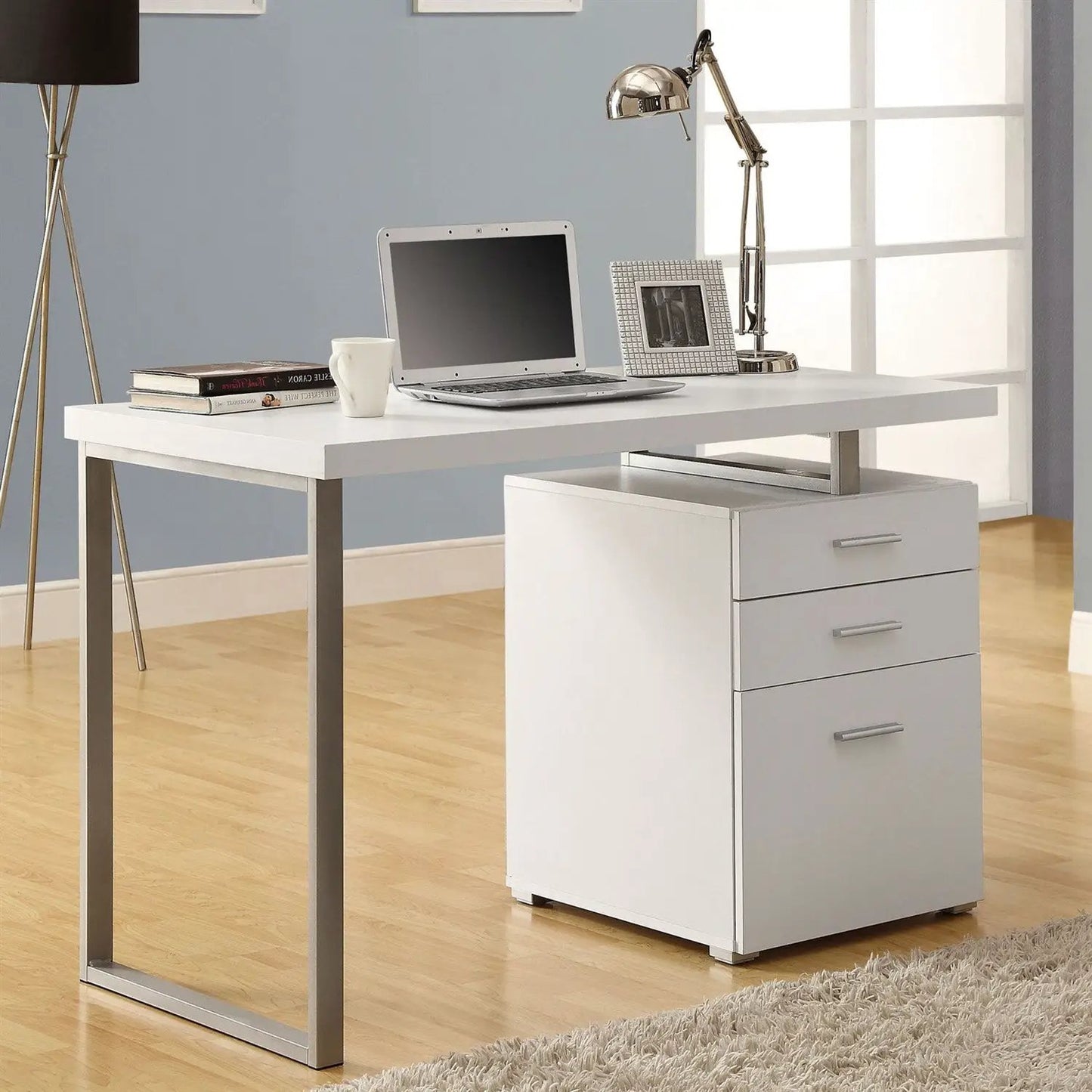 Left or Right Facing Modern Office Desk in White Finish with File Drawers - Tampa Home & Garden Store