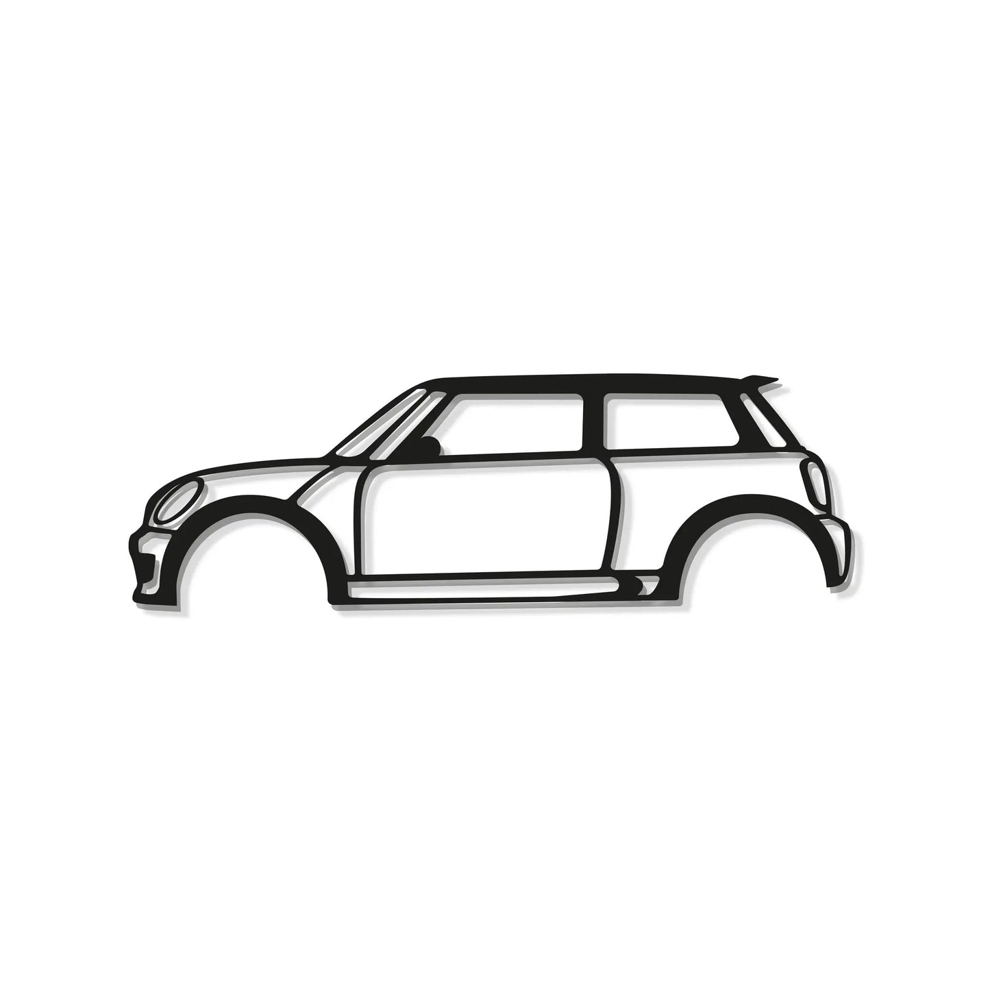 Cooper S metal car wall art by Modello Turbo, black line-drawing Mini Cooper with roof rack on Tampa Home & Garden Store