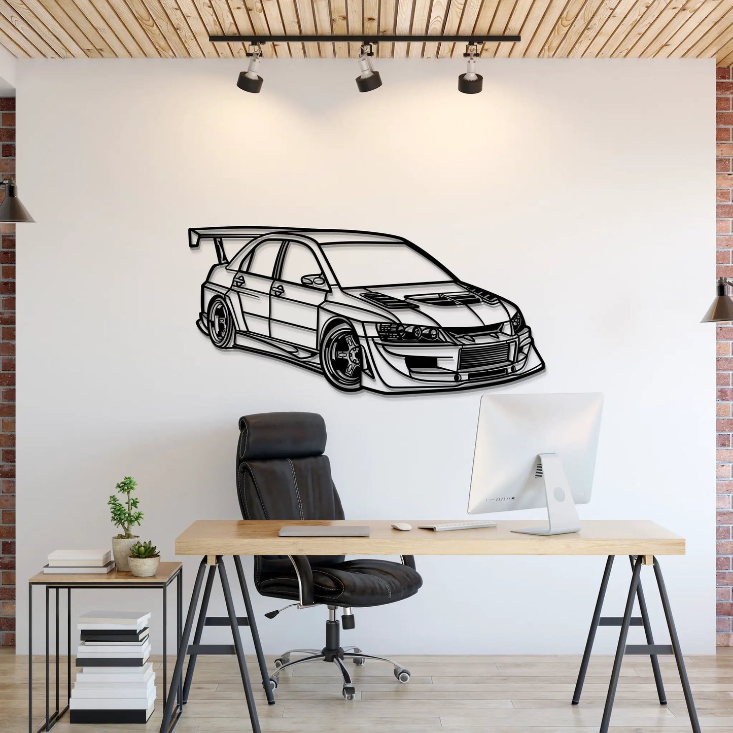 Lancer Evo IX metal wall art by Modello Turbo; black line car on white wall in a workspace on Tampa Home & Garden Store