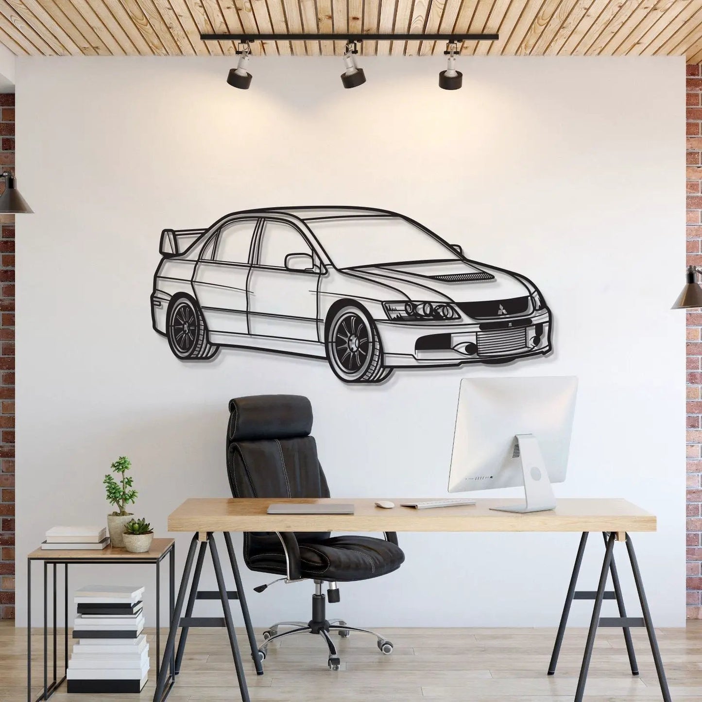 Lancer Evo IX Perspective Metal Car Wall Art in black line drawing by Modello Turbo on Tampa Home & Garden Store