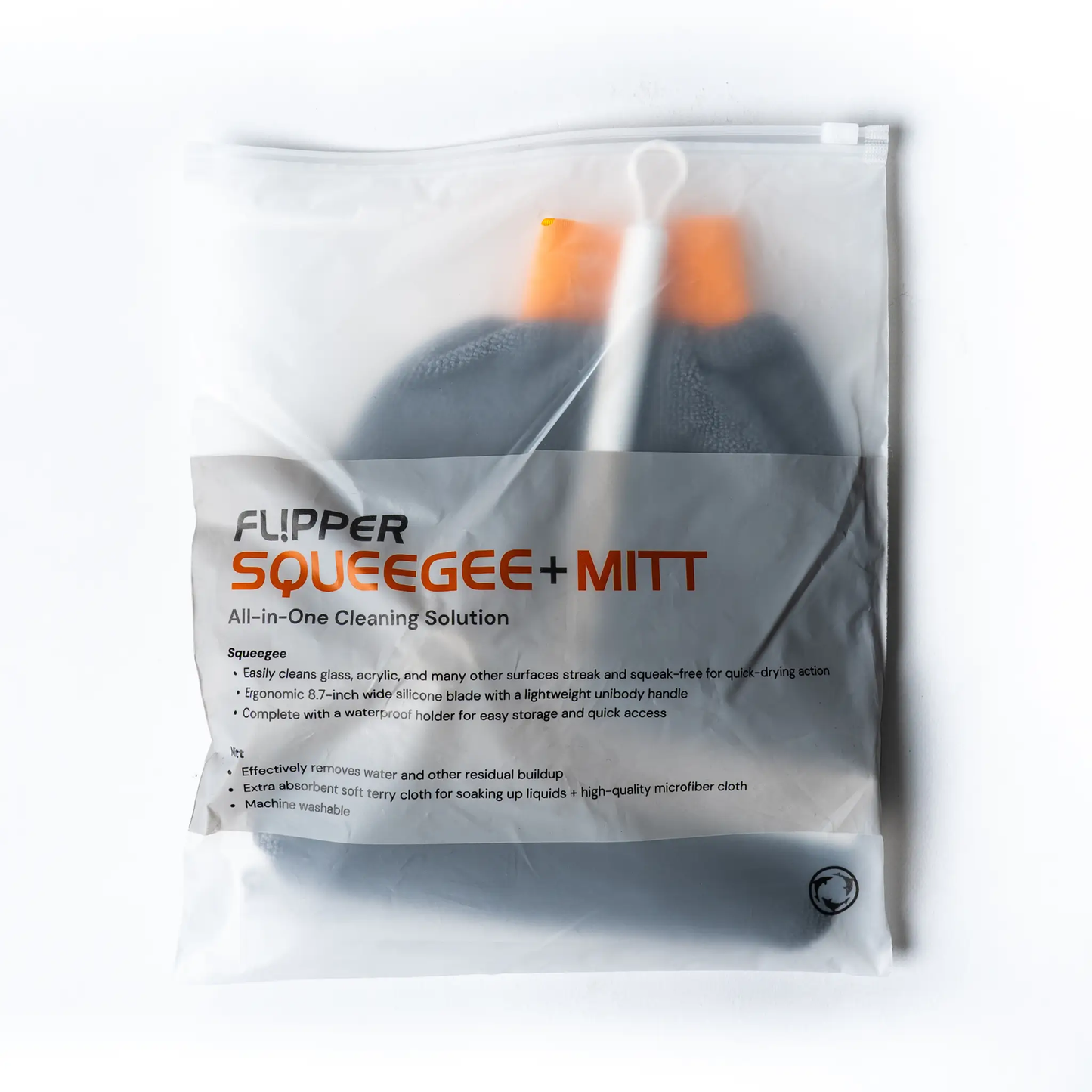 Flipper Squeegee + Mitt in clear zip bag with orange sponge and white handle on Tampa Home & Garden Store