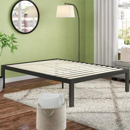 King Size 18 Inch Easy Assemble Platform Bed frame with black metal finish and wooden slats on Tampa Home & Garden Store