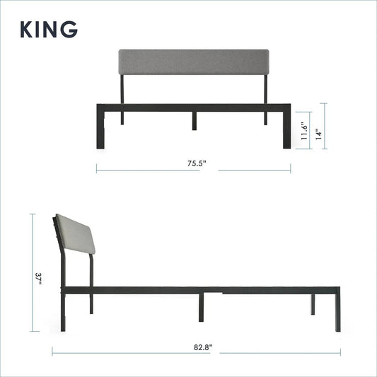 King Grey Fabric Headboard Platform Bed Slats with black metal frame minimalist design on Tampa Home & Garden Store
