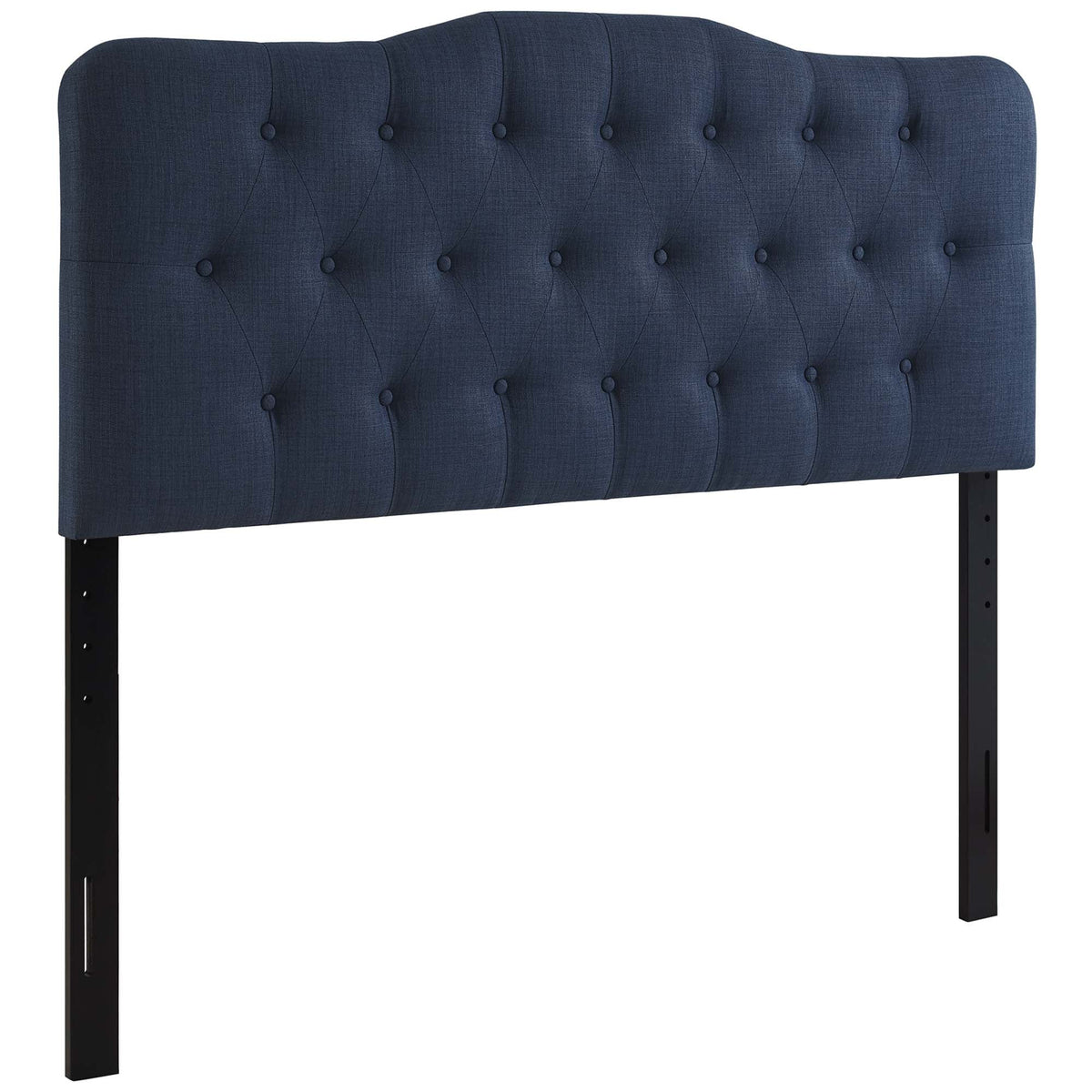 Annabel Upholstered Fabric Queen Headboard navy blue with tufted buttons on black metal legs on Tampa Home & Garden Store