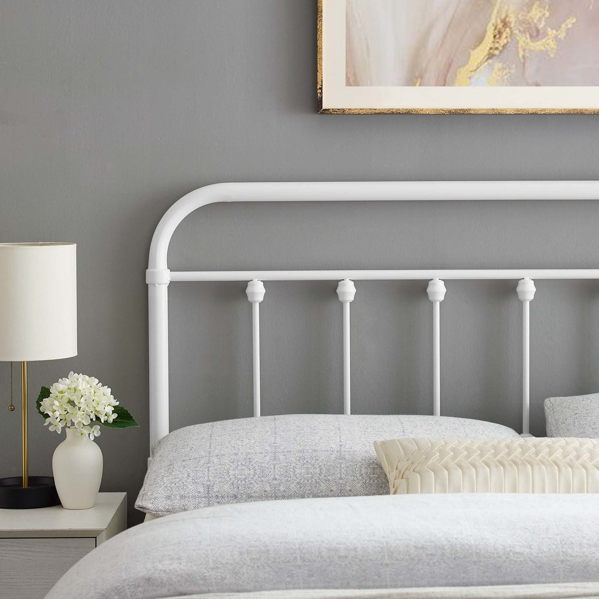 Sage Metal Headboard by Modway, white metal bed frame with curved top rail and vertical spindles on Tampa Home & Garden Store