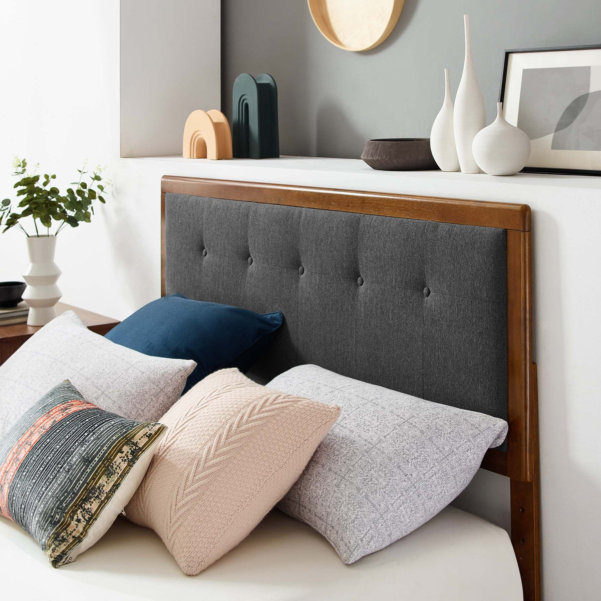 Willow Wood Queen Platform Bed with angular frame in gray upholstery by Modway on Tampa Home & Garden Store