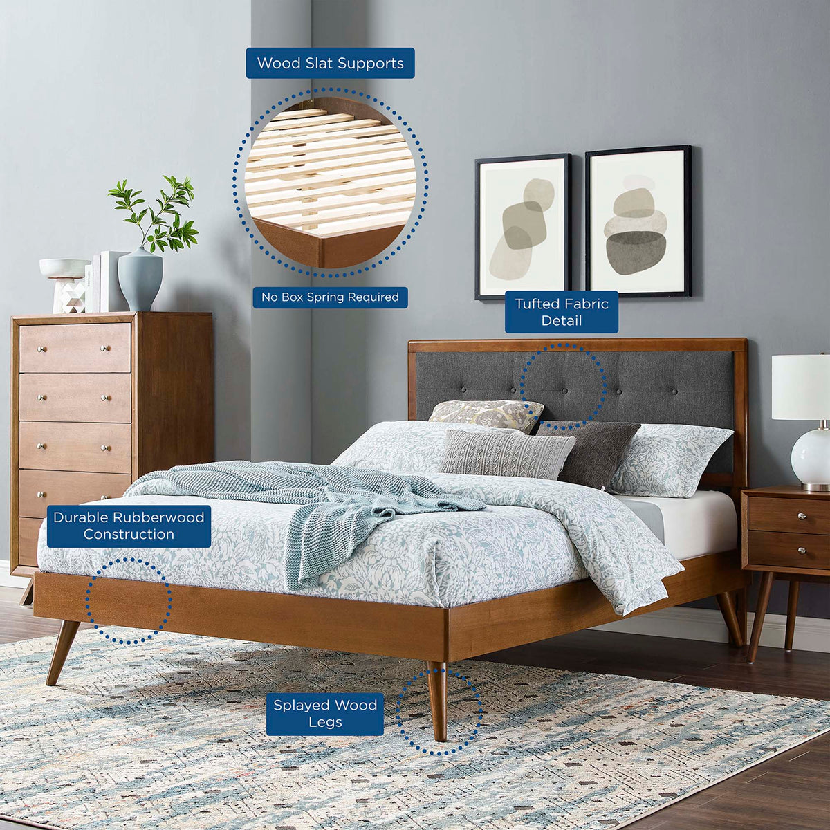 Willow Wood Full Platform Bed with Splayed Legs by Modway, wood bed frame with warm finish on Tampa Home & Garden Store