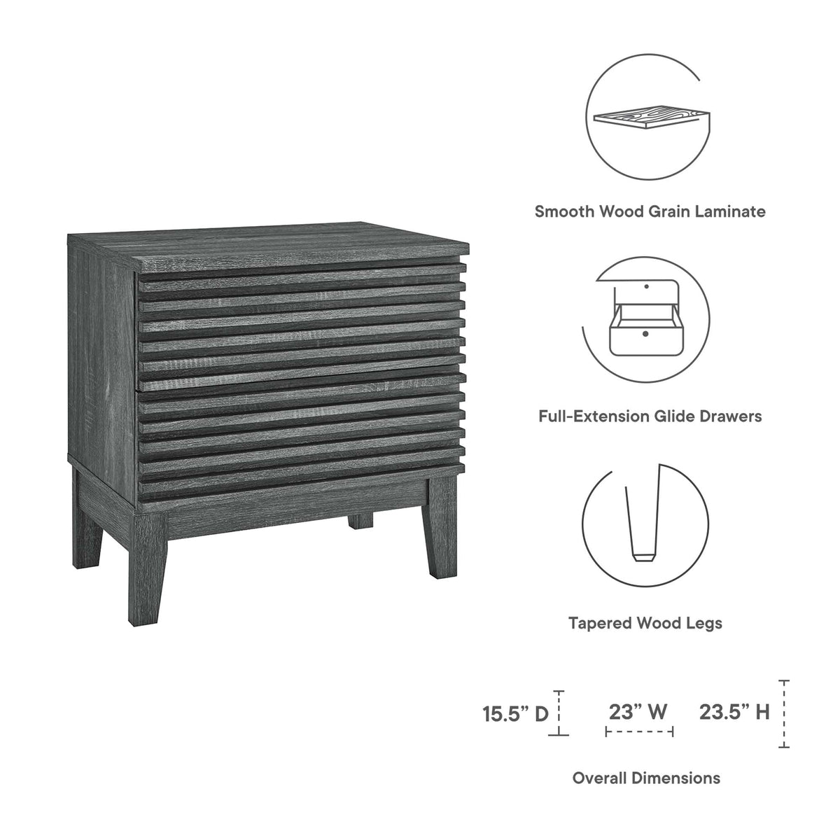 Render Two-Drawer Nightstand dark wood laminate with slatted drawers and tapered legs HouseOfZazla on Tampa Home & Garden Store