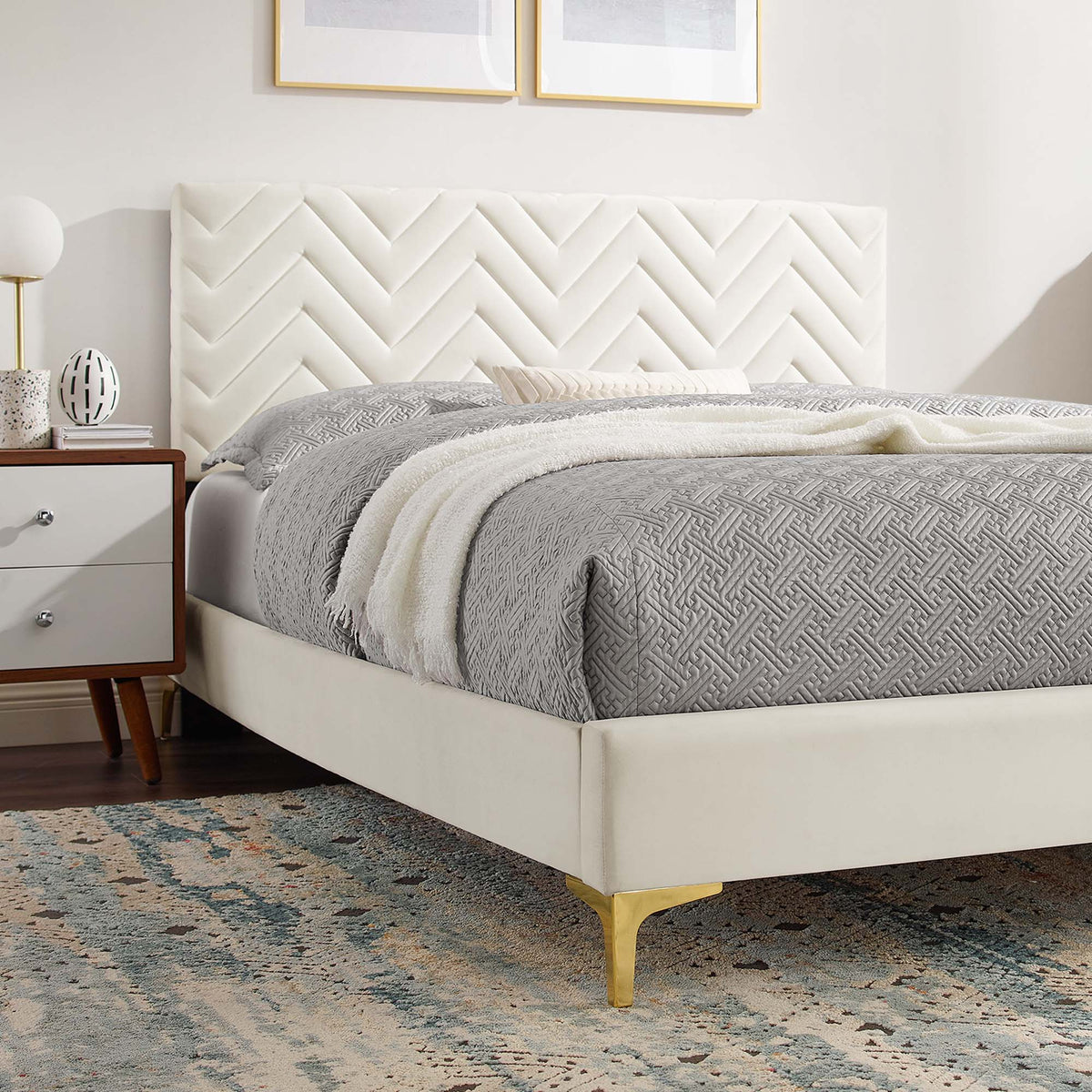 Leah Chevron Tufted Full Platform Bed by Modway MOD-6993, ivory velvet, gold legs on Tampa Home & Garden Store