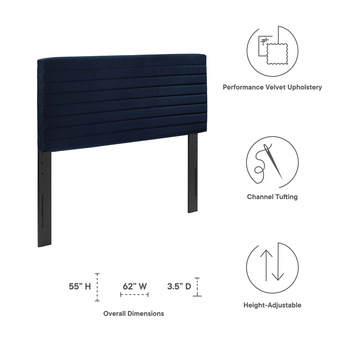 Tranquil full/queen headboard navy performance velvet with horizontal channel tufting by Modway on Tampa Home & Garden Store