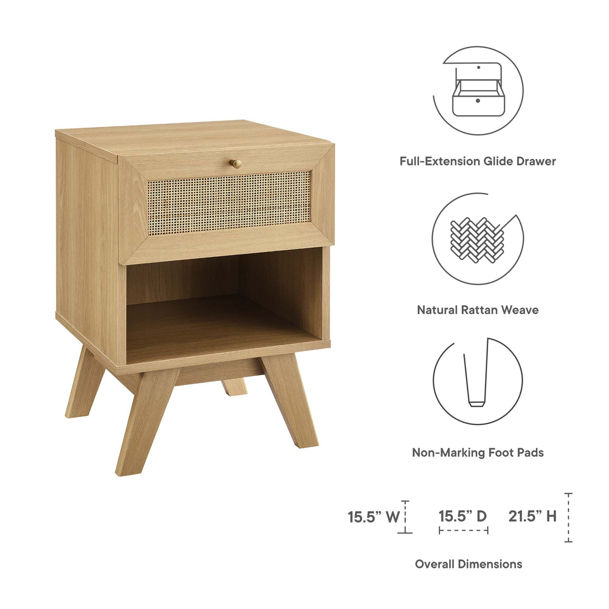 Soma 1-Drawer nightstand with natural wood finish and woven rattan front on Tampa Home & Garden Store