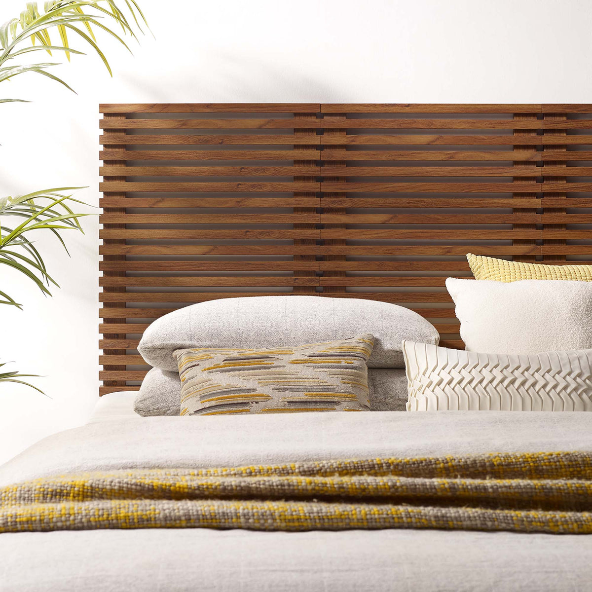 Render Wall Mount Queen Headboard by HouseOfZazla featuring a warm brown wooden slat design on Tampa Home & Garden Store