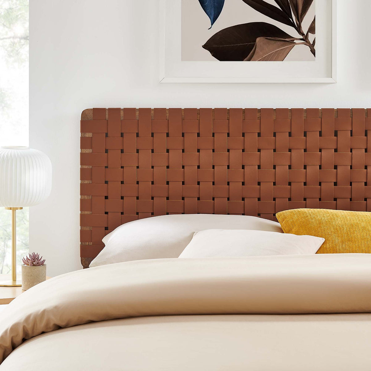 Sparta Weave vegan leather headboard by Modway, brown woven strap panel design on Tampa Home & Garden Store
