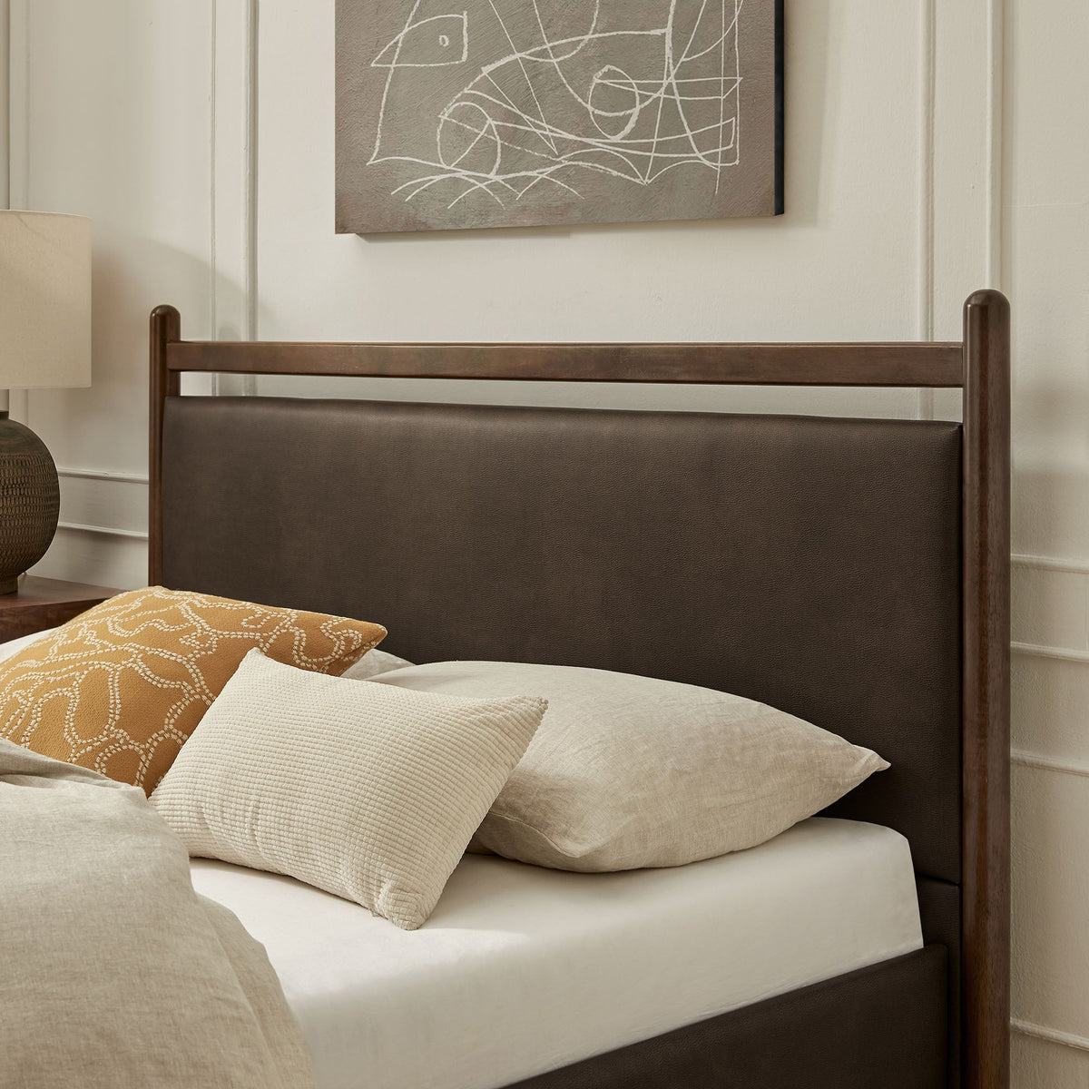 Ginny vegan leather platform bed frame by Modway in dark brown with upholstered headboard on Tampa Home & Garden Store