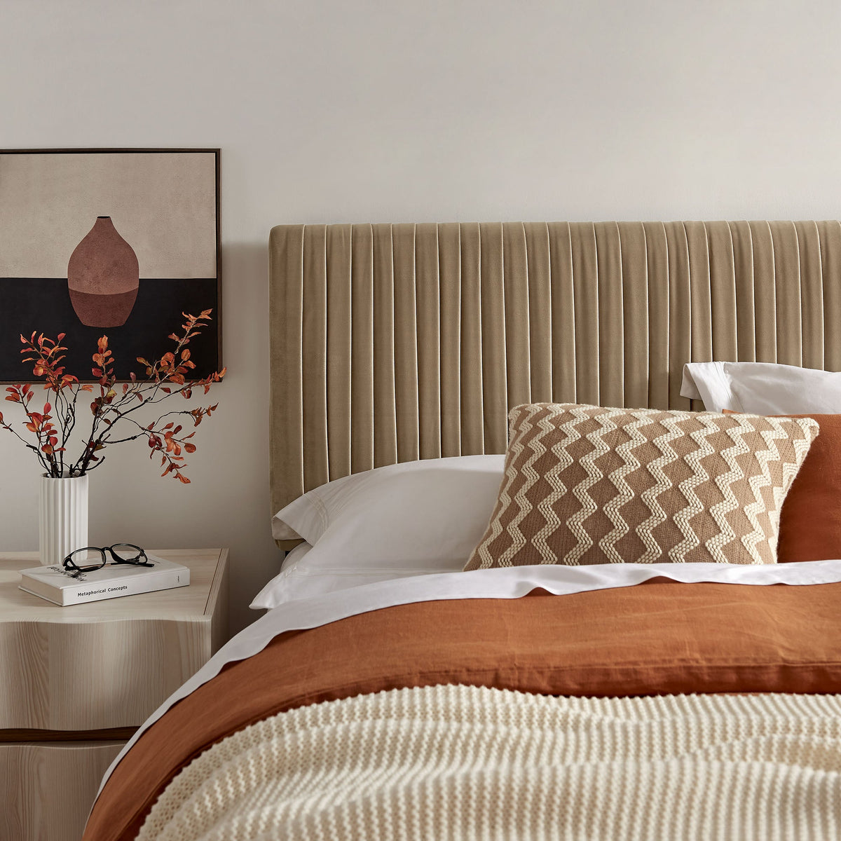 Eloise stain-resistant velvet headboard in beige with vertical channel tufting on Tampa Home & Garden Store